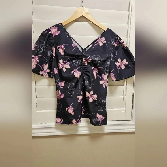 Club Monaco Ruched Blouse Shirt Floral Black V neck Fuchsia Zipper size S - Picture 1 of 8